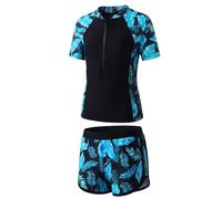 Baogaier Niñas Traje de Baño 2 Piezas Manga Corta Protección Solar, Secado Rápido Estampado Top con Cremallera y Shorts, Elástico Rash Guard Playa Piscina Bañador Ropa para 13-14 Años, Negro