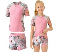 Baogaier Niñas Traje de Baño 2 Piezas Manga Corta Protección Solar, Secado Rápido Estampado Top con Cremallera y Shorts, Elástico Rash Guard Playa Piscina Bañador Ropa para 11-12 Años, Rosa