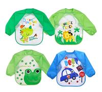 Baogaier Niño Baberos con Mangas Impermeables Manga Larga Lavables Camiseta EVA Comida Bebe Baberos de Alimentación Fáciles de Lavar Niños Ajustable Babero para Comer Pintar Tocar 4PCS - Azul Verde