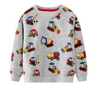 Baogaier Sudadera Niño Algodon Coche Excavadora Gris Patrón Pullover Camiseta Deporte Sin-Capucha Sweatshirt con Manga Larga Basica Cuello-Redondo Casual Top Jersey para Ninos 2-3 Años