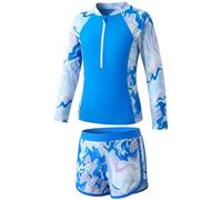 Baogaier Traje de Baño Niña 2 Piezas Manga Larga Protección Solar, Estampado Top con Cremallera y Shorts Secado Rápido, Bañador Suaves Rash Guard Playa Piscina para 9-10 Años, Azul Blanco
