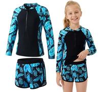 Baogaier Traje de Baño Niña 2 Piezas Manga Larga Protección Solar, Estampado Top con Cremallera y Shorts Secado Rápido, Bañador Anticalor Rash Guard Playa Piscina para 13-14 Años, Azul