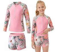 Baogaier Traje de Baño Niña 2 Piezas Manga Larga Protección Solar, Estampado Top con Cremallera y Shorts Secado Rápido, Bañador Suaves Rash Guard Playa Piscina para 5-6 Años, Rosa