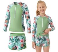 Baogaier Traje de Baño Niña 2 Piezas Manga Larga Protección Solar, Estampado Top con Cremallera y Shorts Secado Rápido, Bañador Suaves Rash Guard Playa Piscina para 5-6 Años, Verde