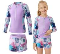 Baogaier Traje de Baño Niña 2 Piezas Manga Larga Protección Solar, Estampado Top con Cremallera y Shorts Secado Rápido, Bañador Suaves Rash Guard Playa Piscina para 9-10 Años, Morado