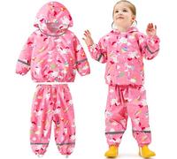 Baogaier Traje de Lluvia Impermeable para Niñas, Conjunto de Chaqueta y Pantalón de Lluvia Ligero, Exteriores Impermeables con Reflectante, Antiviento Chubasquero para 2-3 años, Caballo Rosa