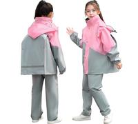 Baogaier Traje de Lluvia Impermeable para Niñas, Conjunto de Chaqueta y Pantalón de Lluvia Plegable, Exteriores Impermeables Reflectante con Capucha a Prueba de Viento, para 8-9 años, Gris Rosa