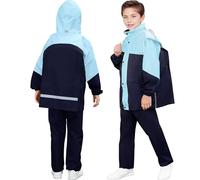 Baogaier Traje de Lluvia Impermeable para Niño Niñas, Conjunto de Chaqueta y Pantalón de Lluvia Plegable, Exteriores Impermeables Reflectante con Capucha a Prueba de Viento, 11-12 años, Azul Negro