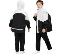 Baogaier Traje de Lluvia Impermeable para Niño Niñas, Conjunto de Chaqueta y Pantalón de Lluvia Plegable, Exteriores Impermeables Reflectante con Capucha a Prueba de Viento, 8-9 años, Negro Blanco