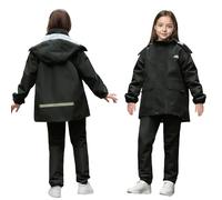 Baogaier Trajes de Lluvia para Niño Niñas, Impermeable Chaqueta con Capucha y Pantalones, Impermeables Conjunto de Chubasquero para Exteriores Bicicleta Camping, 13-14 años, Negro