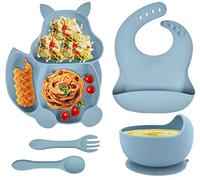 Baogaier Vajilla Bebe Silicona Juego de Alimentación Bebe con Ventosa Plato y Cuenco Cuchara Tenedor Babero, 5 Piezas Juegos de Vajilla Bebé Azul Libre de BPA Aprendizaje Kit para Infantil Niños