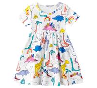 Baogaier Vestido para Niña Infantil Algodón Verano Confort Elegante Dinosaurio Blanco Estampado Animal Print Mangas Corta T-Shirt Vestidos Casual Ropa Cumpleaños Niños 3-4 años