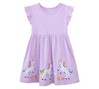 Baogaier Vestido para Niña Infantil Algodón Verano Confort Elegante Unicornio Lunares Morados Animal Estampado Mangas Volante T-Shirt Vestidos Casual Ropa Cumpleaños Niños 4-5 años