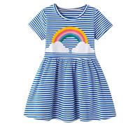 Baogaier Vestidos Niña Algodon Cómodo Transpirable Casual Verano Manga Corta Rayas Azules y Blancas Arco Iris Aplique T-Shirt Vestido Fiesta Princesa Infantil Ropa Regalo Niños 6 7 años