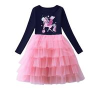 Baogaier Vestidos Niña Algodon Confort A-Line Tul Vestido Unicornio Estampado Casual Lindos Manga Larga Fiesta Festivo Princesa Invierno Disfraz Ropa Regalo Niños 5-6 años, Azul Marino