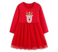 Baogaier Vestidos Niña Navidad Vestido Impresión con Tul Algodon Casual Verano Manga Corta Fiesta Infantil T-Shirt Camisero Ropa Regalo Niños 3 4 años, Estampado Renos Rojos