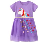 Baogaier Vestidos Niña Vestido Morado Animal Patrón Impresión con Tul Algodon Casual Verano Manga Corta Fiesta Infantil T-Shirt Camisero Ropa Regalo Niños 4 5 años