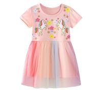 Baogaier Vestidos Niña Vestido Rosa Flor Caballo Patrón Impresión con Tul Algodon Casual Verano Manga Corta Fiesta Infantil T-Shirt Camisero Ropa Regalo Niños 3 4 años