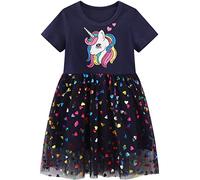 Baogaier Vestidos Niña Vestido Unicornio Animal Algodon con Tul Manga Corta Azul Lentejuelas Impresión Apliques Casual Verano Fiesta Elegantes Niñas Camisero Camiseta Ropa Regalo Niños 4 5 años