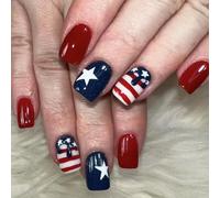 baojielai 24 uñas postizas acrílicas cuadradas cortas con diseño de estrellas y líneas rojas brillantes para mujer