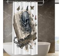 BaoNews Cortina de ducha con diseño de esqueleto y polillas de Grimorio, diseño de calavera sobre libro con cadenas, cortina de ducha de poliéster para ducha, baño, impermeable, con 6 ganchos, 91 x