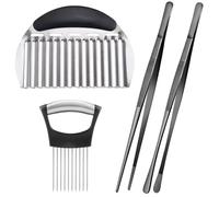 Baoswi Paquete de 4 utensilios de cocina, pinzas de 12 pulgadas, cortador arrugado, soporte de cebolla para rebanar, acero inoxidable, pinzas para chapado y servir, herramienta auxiliar para cortar