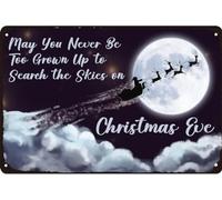 BAOTEG Letrero de metal retro con texto en inglés "May You Never Be Too Grown up to Search the Skies on Christmas Eve, Funny Christmas Wall Art for Home Living Room Cafe Bar Wall Decor 20.3x30.5 cm