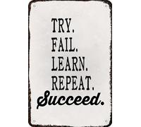 BAOTEG Letrero de metal vintage con texto en inglés "Try Fail Learn Repeat Succeed", letreros rústicos divertidos para hombre, cueva, comedor, bar, placas de 8 x 12 pulgadas, CQQ-G1