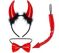 baotongle Juego de 3 cuernos de diablo, disfraz de diablo, cuernos, diadema para el pelo, diadema con pajarita de cola de diablo, para adultos, carnaval, Halloween, cosplay, negro y rojo, Talla única