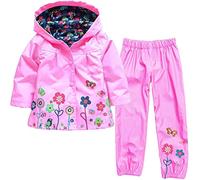 Baotung Juego de ropa para niñas, 2 piezas, impermeable, impermeable, con capucha y estampado floral + pantalón impermeable, Rosa., 98 cm