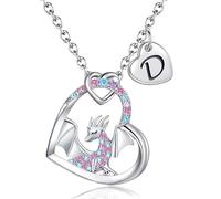 BAOWING Collar de dragón, regalo para niños y niñas, colgante de dinosaurio arcoíris, animal, circonita cúbica, corazón con letra inicial, regalo para hija, nieta, niña pequeña y adolescente, Acero