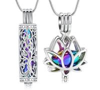 BAOWIQI Collar con colgante de árbol de la vida y loto para cenizas con circonita cúbica, resistente al agua, para mujeres, mantiene las cenizas humanas y las mascotas, regalo de condolencia, Acero