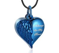 BAOWIQI Collar de urna de corazón con alas de ángel para cenizas, joyería conmemorativa de cremación, colgante de recuerdo para mujeres y hombres, Acero inoxidable, No es una piedra preciosa