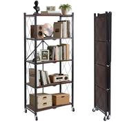 BAOYOUNI Estantería plegable de 5 niveles con ruedas, para cargas pesadas, de metal, para cocina, salón, dormitorio, oficina, garaje, 68 x 34 x 152 cm, color negro nogal