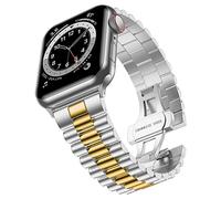 baozai Compatible con Apple Watch 44 mm 42 mm Series 6/5/4/3/2/1/SE, correa de acero inoxidable iWatch con cierre plegable de mariposa para hombres (3Rows-Silver/Gold, 44mm/42mm)