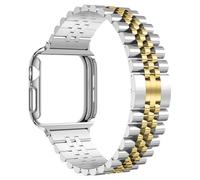 baozai Correa de metal con funda compatible con Apple Watch serie 10 de 46 mm, funda protectora de pantalla de cristal con correa de acero inoxidable para Apple Watch Series 10, plata/dorado