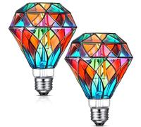 Baquler 2 bombillas LED de vidrieras E26, base A60, bombillas coloridas de 120 V parpadeantes para Navidad, hogar, balcón, jardín, decoración de fiesta (forma de diamante, 6 W)