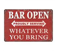 Bar Abierto. Servimos con Orgullo Lo Que Traigas. Letrero De Metal Vintage Cartel De Chapa Resistente Y Duradera Letrero De Lata para Pared Clube Bar 20X30Cm