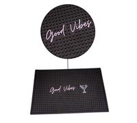 Bar Buddy - Tapete de goma para bar, 45 x 30 x 1 cm, tapete de derrames de alta calidad para cristalería, bar en casa, cueva de hombre, PVC negro antideslizante, cerveza y cócteles, Good Vibes