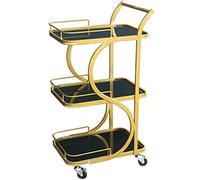 Bar Cart with Wheels and Handle Hotel Luxury Large Capacity 3 Floors Serving Cart,Living Room Wrought Iron S Shape Drink Cart,Household Products(Black+Gold-84 * 45 * 34Cm)