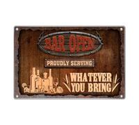 Bar Con Decoración Vintage. Abierto Con Orgullo. Servimos Lo Que Traigas. Letrero De Lata Vintage Cartel De Metal Resistente Y Duradera Cartel De Chapa Para Restaurante Taller Salón 20X30Cm