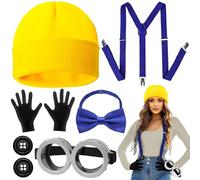BARAKYEG Disfraz De Carnaval Mujeres Niños,Disfraz De Carnaval Disfraz Amarillo de Halloween para Adultos,8 Piezas de Accesorios de Cosplay de Película Clásica,Gafas,Gorro para Fiesta De Carnaval