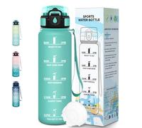 Baramumu Botella Agua, 1000ML Libre de BPA, Botella Agua Gimnasio, Diseño de Cerradura a Prueba de Fugas, Botellas de Agua, Con Marca de Tiempo, Botellas de Agua para Deportes, Camping - Azul&verde