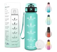 Baramumu Botella Agua, 1000ML Libre de BPA, Botella de Agua Gimnasio, Diseño de Cerradura a Prueba de Fugas, cantimplora, Con Marca de Tiempo, Cantimplora Deporte para Deportes, Camping - Azul&verde