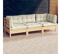 BaraSh Sofá de jardín de 3 plazas con Cojines Madera Maciza Pino Crema Muebles Jardin Exterior Terraza Exterior Sofa Rinconera