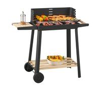 casa.pro Barbacoa de Carbón Ari con 2 Ruedas Carro de Barbacoa con Parilla Regulable en Altura 1 Estante Lateral y 1 Estante Inferior Asa Parabrisas Acero Madera 78x86x30 cm - Negro y Madera