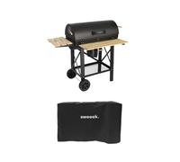 Barbacoa de carbón, parrilla y ahumador americano, ruedas y estantes abatibles con funda negro - 115x75x122 cm