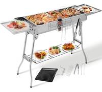 Barbacoa de Carbón Portátil (122 x 30 x 75 cm), Parrilla de Carbón Plegable de Acero Inoxidable, Barbacoa Carbon XXL con Doble Alas Plegables, Sartén Antiadherente, para Jardín, Camping, Picnic