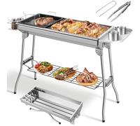 Barbacoa de Carbón Portátil, Parrilla de Acero Inoxidable Plegable, Barbacoa Carbon XXL con Sartén Antiadherente para Jardín, Terraza, Picnic, Camping