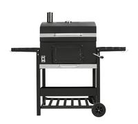 Barbacoa de Carbón XL con Ahumador, Funda y Madera para Ahumar | XL, Negro, Hierro Fundido, Termómetro, Carbón Regulable, Funda, Cepillo y 2 Bolsas Sorpresa de Madera